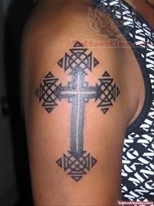 Cross Religious Tattoo On Shoulder