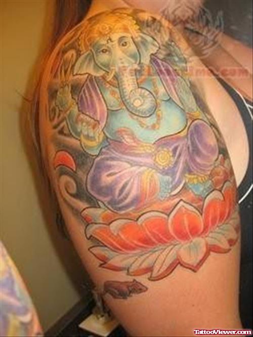 Ganesha Colorful Tattoo On Shoulder