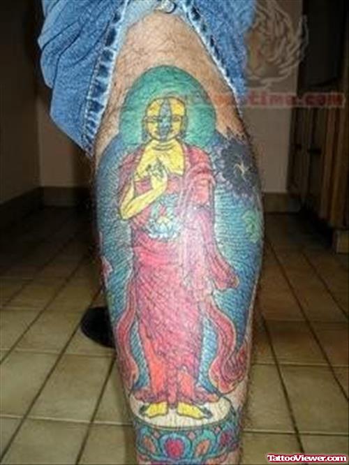 Buddha Colorful Tattoo On Leg