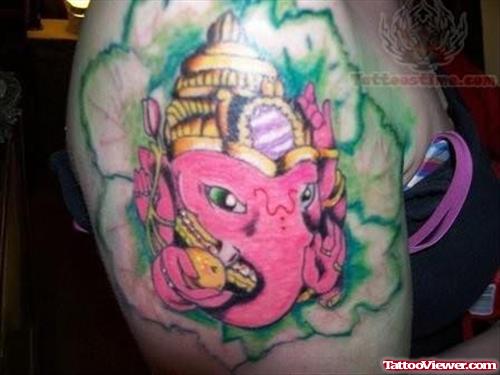 Colorful Ganesha Tattoo On Shoulder