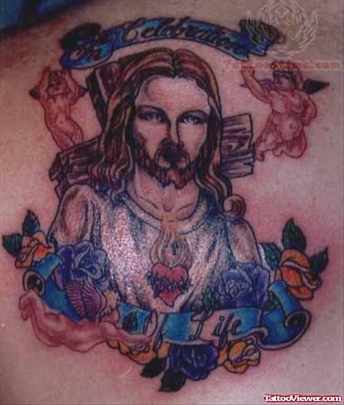 Colorful Jesus Tattoo On Back