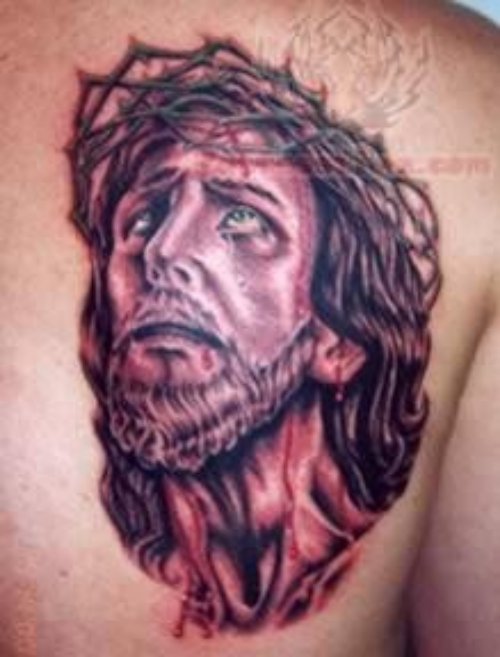 Jesus Christ Religious Tattoo On Back Shoulder