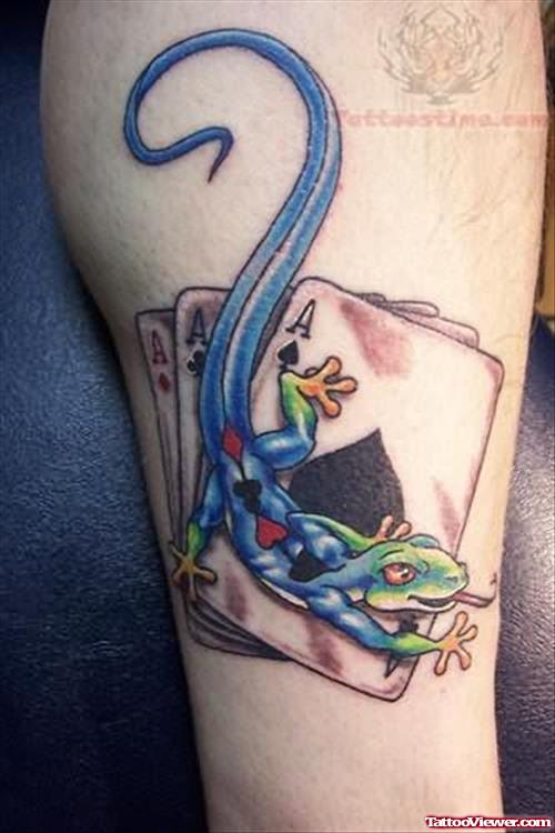 Lizard and Cards Tattoo on Leg