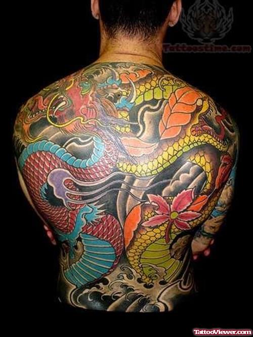 Colorful Reptile Tattoos On Back