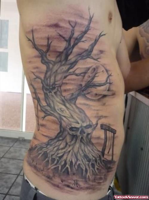 Skull Tree Tattoo On Rib