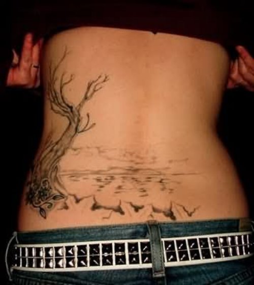 Water And Tree Tattoo On Rib