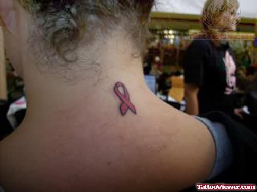 Pink Ribbon Tattoo On Back Neck