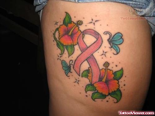 Breast Cancer Ribbon Tattoo On Rib
