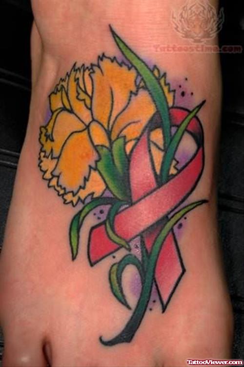 Flowers Ribbon Tattoo On Foot