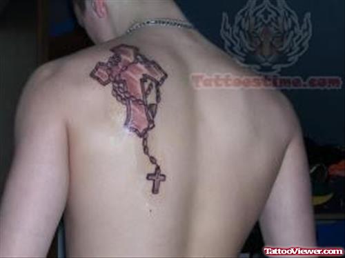 Cross Rosary Tattoo On Back Shoulder