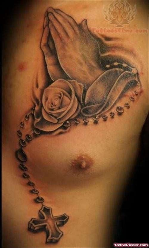 Praying Hands Rosary Tattoo on Chest