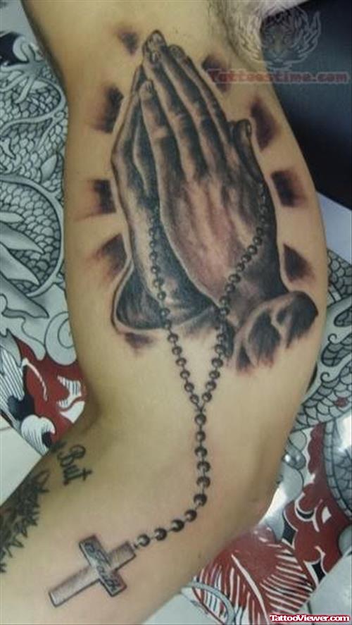 Praying Hands And Rosary Tattoo On Muscles
