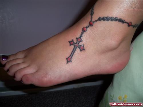 Colored Rosary Tattoos On Foot