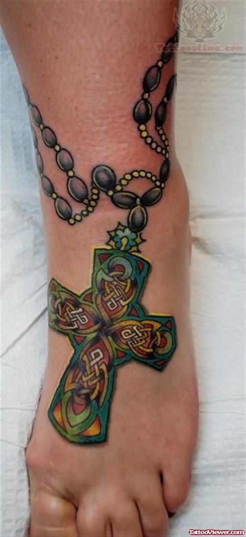 Cross Tattoos Rosary On Foot