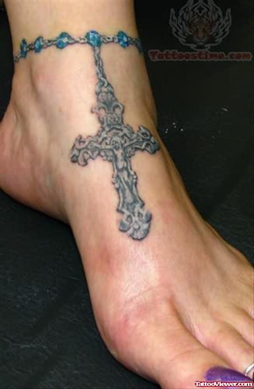 Rosary Cross Tattoo On Ankle