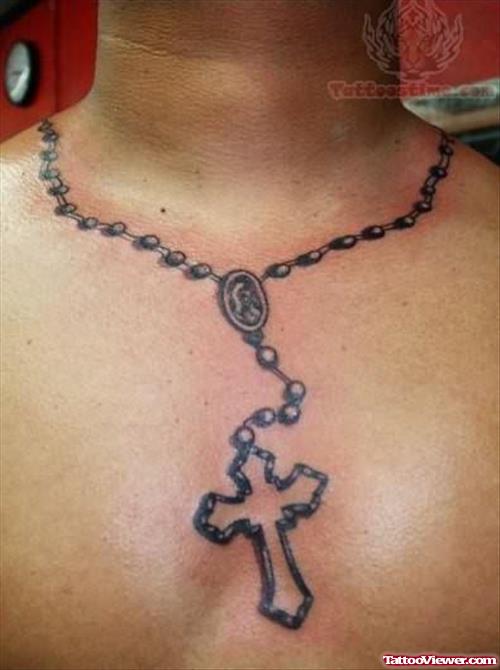 Rosary Tattoo And Cross On Chest