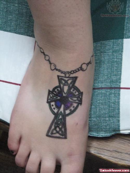 Celtic Cross Rosary Tattoo On Foot