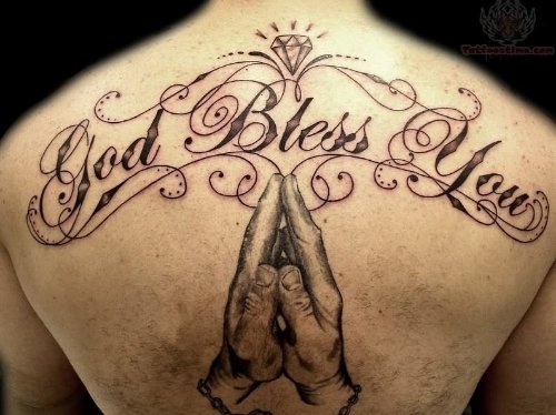 God Bless You Rosary Tattoo On Back