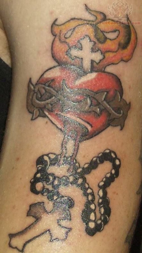 Rosary And Red Heart Tattoo