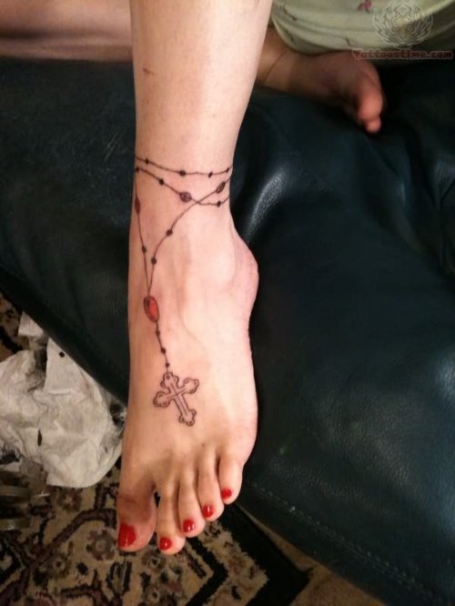 Beautiful Rosary Tattoo On Foot
