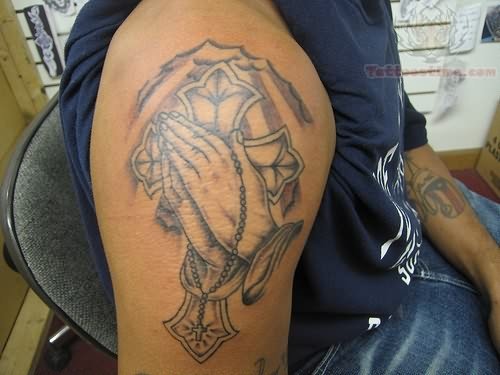 Rosary Praying Hands Tattoo On Shoulder