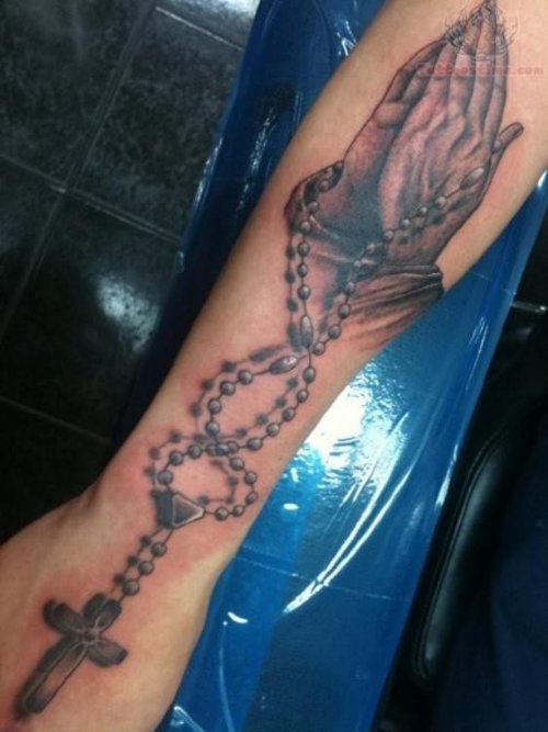 Folding Hands And Rosary Tattoo On Leg