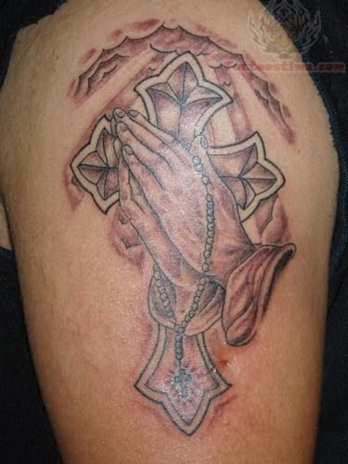 Tattoo On Rosary Praying Hands