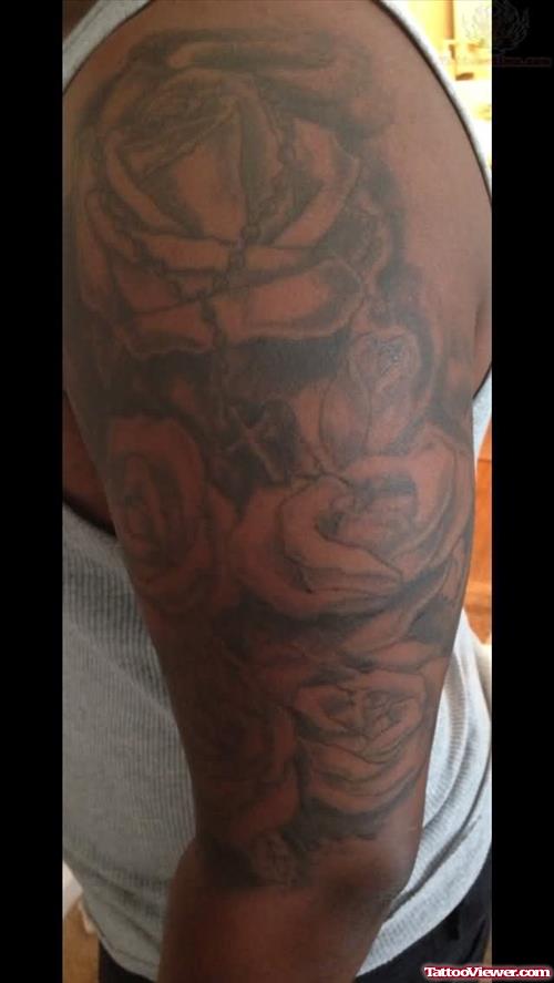 Grey Ink Roses Tattoos On Half Sleeve