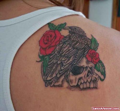 Bird And Rose Tattoo On Back Shoulder