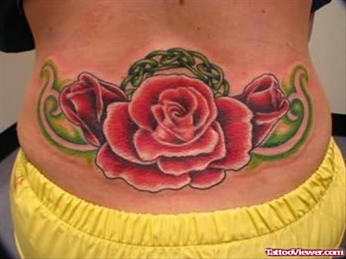 Large Rose Tattoo On Lower Back