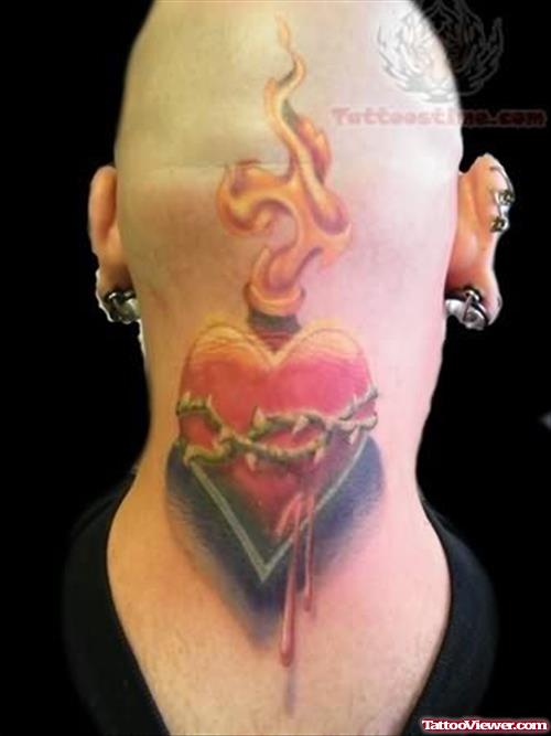 Sacred Heart Tattoo On Back Neck