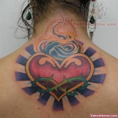 Upper Back Sacred Heart Tattoo