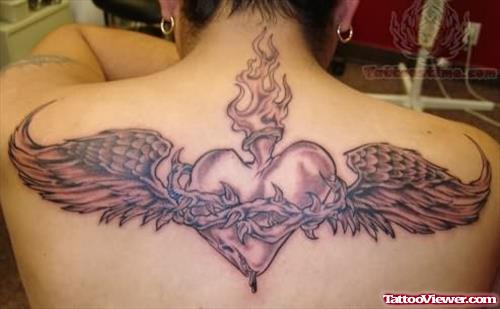 Winged Sacred Heart Tattoo On Back