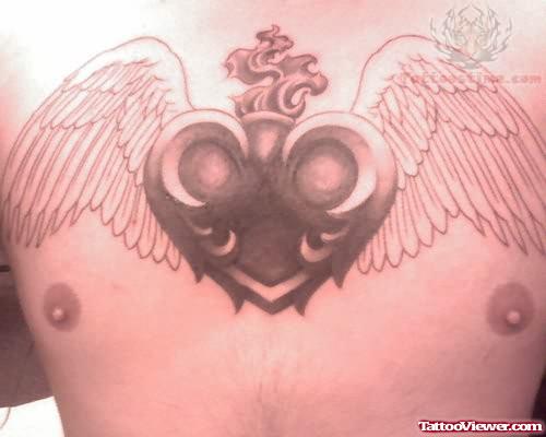 Winged Sacred Heart Tattoos On Chest