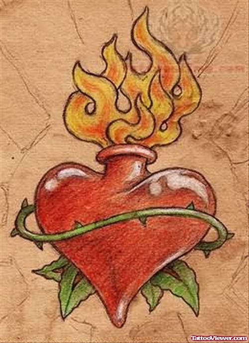 Burning Sacred Heart Tattoo Image