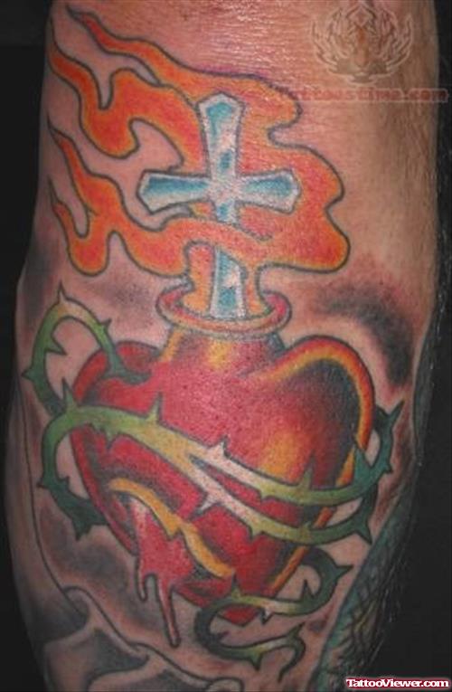 Cross And Burning Sacred Heart Tattoo