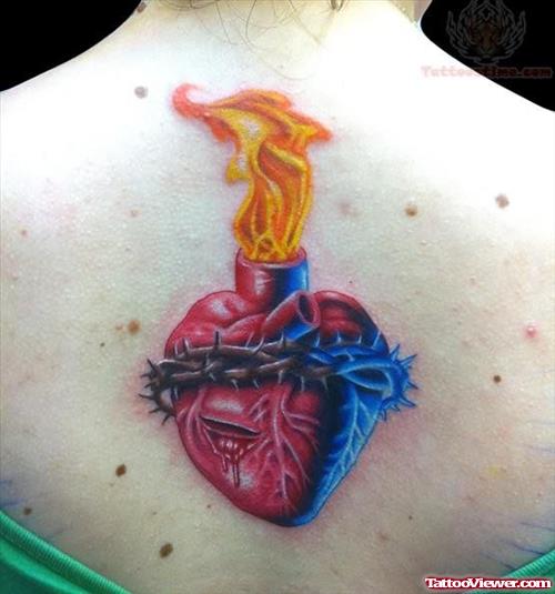 Burning Sacred Heart Color  Tattoo On Back