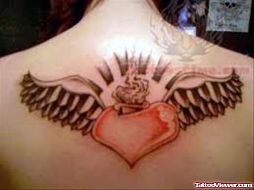Upper Back Winged Sacred Heart Tattoo