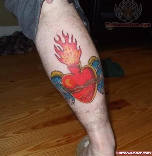 Winged Sacred Heart Tattoo On Leg