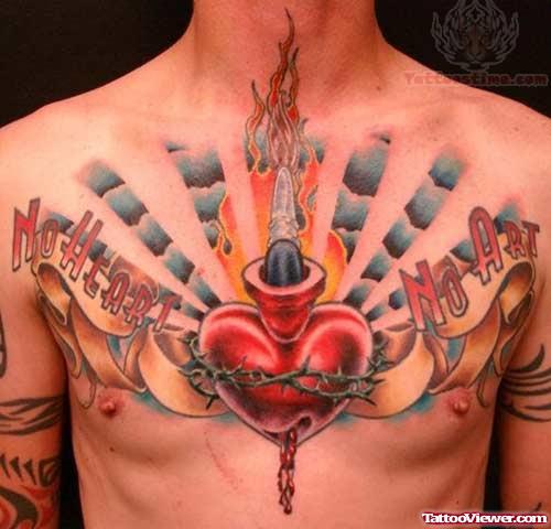 Colorful Sacred Heart Tattoo On Chest