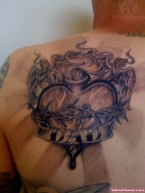 My Sacred Heart Tattoo On Back Shoulder