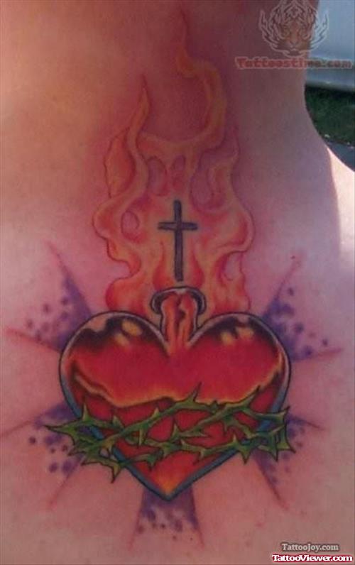Burning Sacred Heart Tattoo For Back