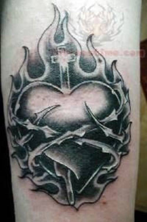 Flaming Black Ink Sacred Heart Tattoo