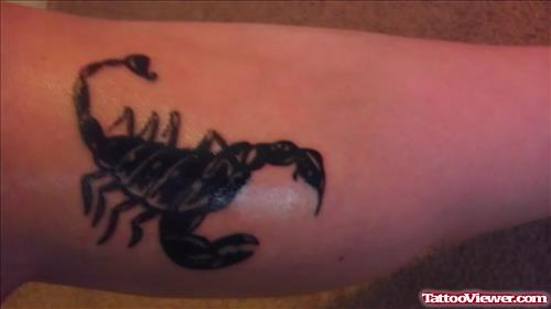 Black Ink Scorpio Tattoo On Leg