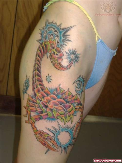 Colorful Scorpion Tattoo on Thigh