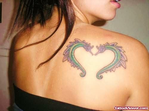 Seahorse Heart Tattoo On Back Shoulder