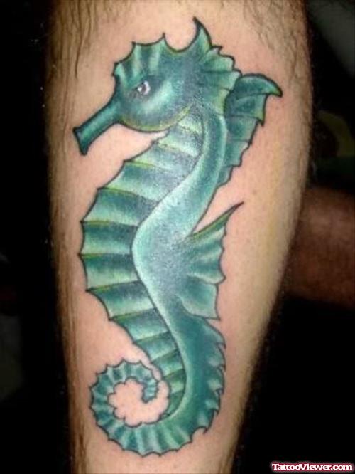 Seahorse Green Tattoo On Leg