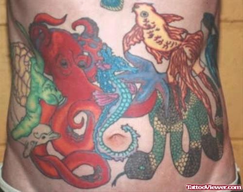 Seahorse Around Navel Tattoo