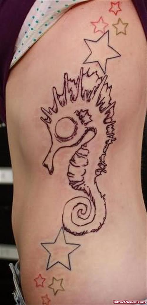 Seahorse And Stars Tattoo On Side Rib