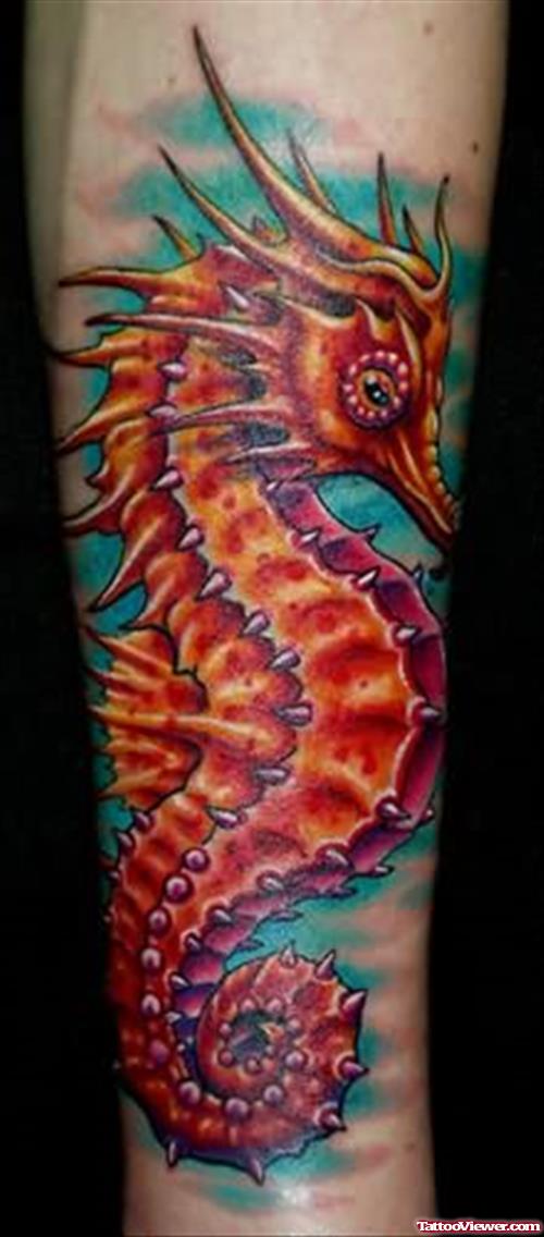 Orange Colour Seahorse Tattoo